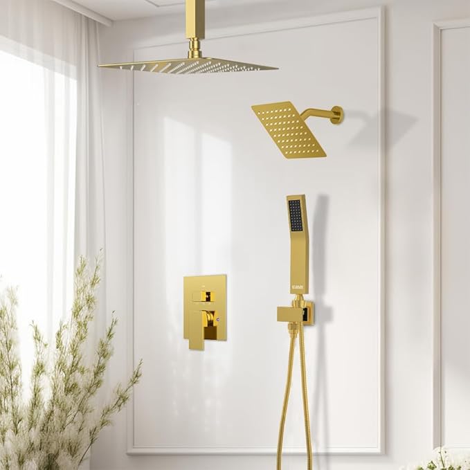 Brushed Gold Shower System, STARBATH 12+6" Multi Head Shower Set with Handheld Spray for Couples, Ceiling Mount Rainfall Shower Faucet Set with 3 Way Shower Valve with 5 Diverter and Trim Kit Complete