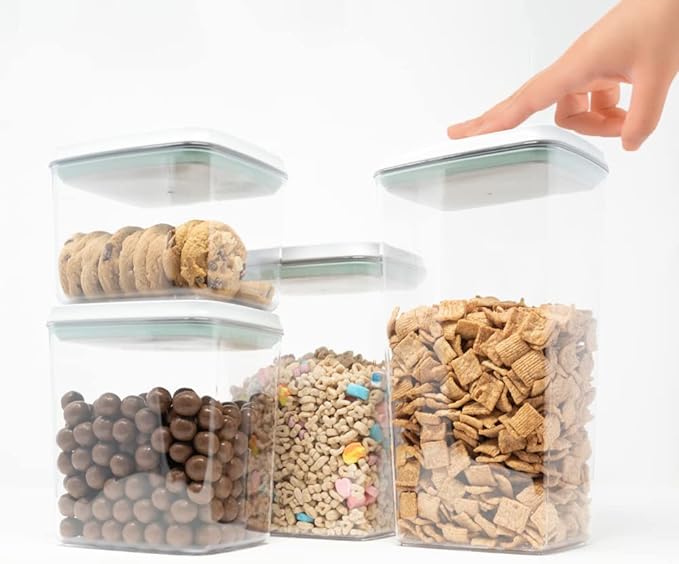 BopTop (4pc Set) Airtight Food Storage Container – Mechanical Silicone Seal Canister - BPA-Free Stackable - 1.3Qt/2.1Qt/2.8Qt/3.5Qt