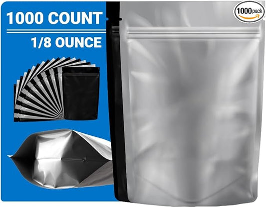 Mylar Bags Smell Proof 1/8 Ounce Black/Clear - 1000 Count 5.25" X 3.75" 6mill Thickness Mylar Bags For Food Storage - Resealable Bags - Smell Proof Bags - Dispensary Packaging