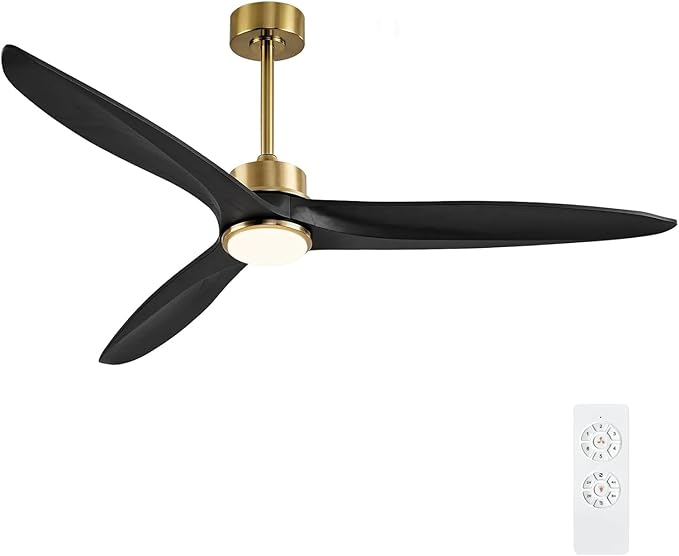 WINGBO Ceiling Fan, 60 Inch DC, 3 Wood Blades, Brass Finish, Remote Control, Reversible, LED Light, ETL Listed
