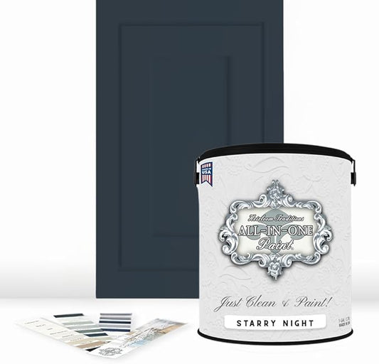 ALL-IN-ONE Paint, Durable cabinet and furniture paint. Built in primer and top coat, no sanding needed. Includes our 30 featured color card - Starry Night, Gallon