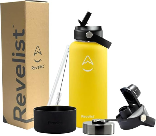 Revelist Sports Water Bottle - 32 Oz, 3 Lids (Straw Lid, Spout & Screw Top) with Boot, Vacuum Insulated Stainless Steel, Double Walled, Reusable Water Flask, Metal Canteen - Yellow & Black