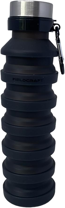 FIELDCRAFT Collapsible Silicone Water Bottle, BPA Free, Foldable, Leak Proof with Carabiner, Black (Black)