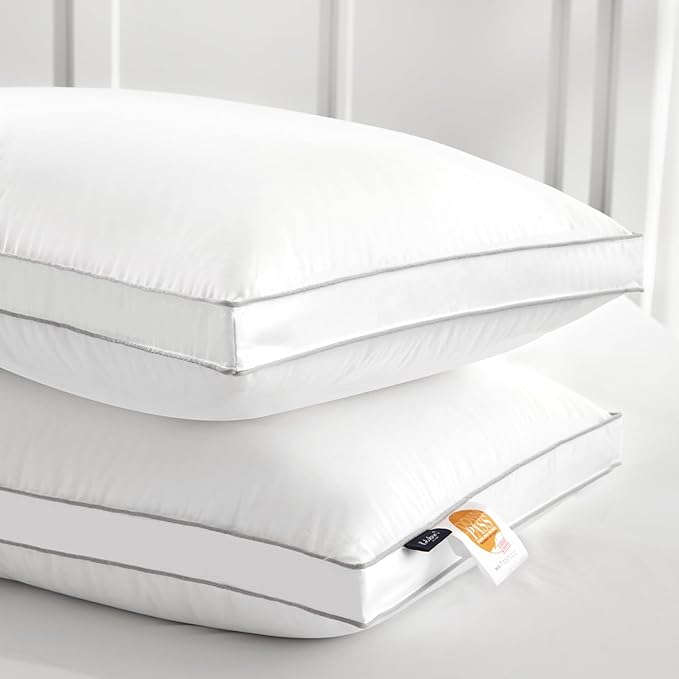 Globon Luxury Feather Down Pillow Standard Queen Size,Soft Low Gusseted Bed Pillows for Sleeping, Hotel Collection Fluffy Pillow, 18"X26", Pack of 1