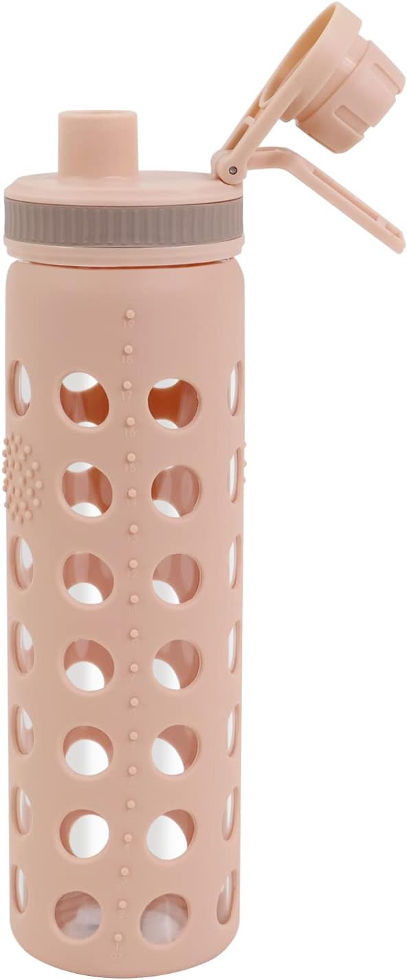 Modern-Depo 20oz Clear Glass Water Bottles Extra Lid Odor Proof and Stain Resistant Wide Mouth Reusable Fitness Sports Bottle with Sleeve, Motivational Water Jug, Khaki