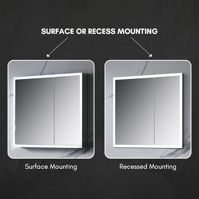 Blossom LED Mirror Medicine Cabinet with Lights, 36x32 Inch | Wall Mounted LED Lighted Bathroom Medicine Cabinet | Recessed or Surface with Defogger, 3 Color Dimmer | Makeup Mirror with Lights