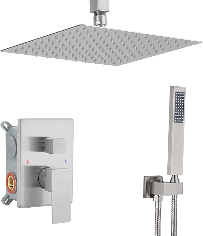 10 Inch Ceiling Mounted Shower System Rain Mixer Shower Combo Set Rainfall Shower Head System Brushed Nickel Shower Faucet Rough-in Valve Body and Trim Included