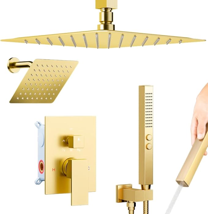 Brushed Gold Shower System, STARBATH Ceiling Mount Shower Set 12+6'' Wall Mount Rainfall Showerhead with Handheld 2 Functions High-Pressure Spray, Dual Rain Shower Faucet Set with Valve Complete