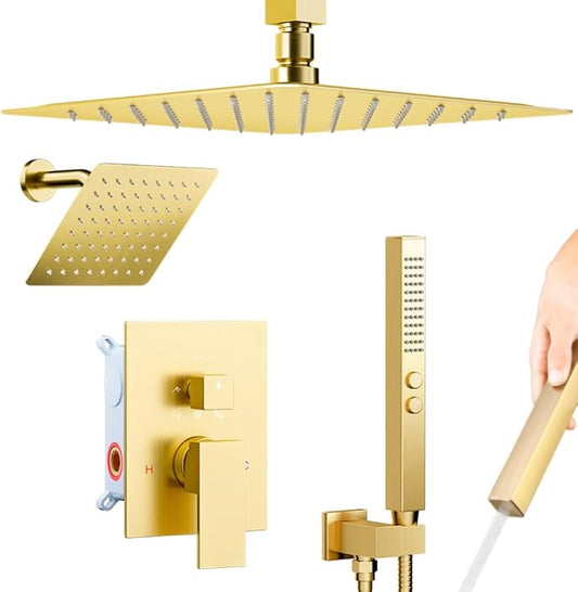 Brushed Gold Shower System, STARBATH Ceiling Mount Shower Set 12+6'' Wall Mount Rainfall Showerhead with Handheld 2 Functions High-Pressure Spray, Dual Rain Shower Faucet Set with Valve Complete