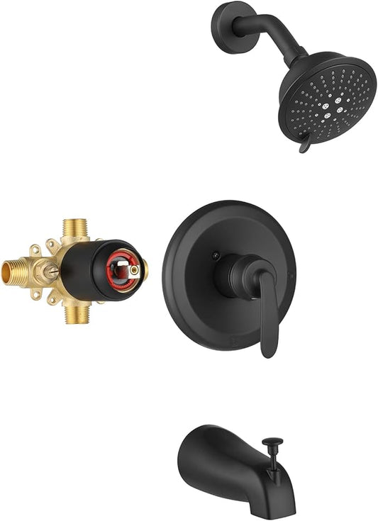 PARLOS Shower System, Matte Black Shower Faucet Set with Tub Spout(Valve Included), 5-Setting Mode Shower Head and Tub Spout with Diverter, Multi-Function Wall Mounted Shower Bathtub Combo, 1436904