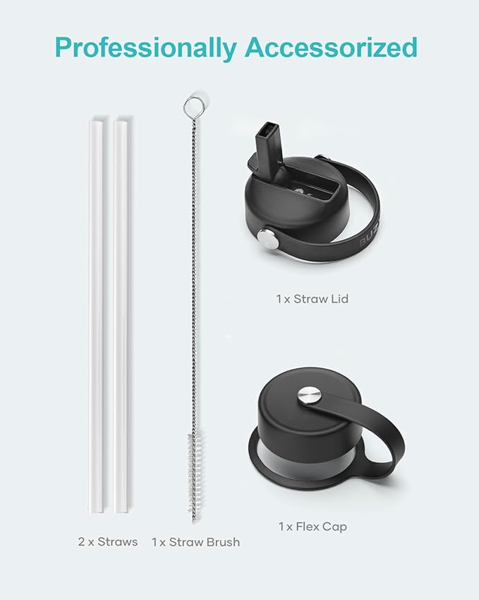 BUZIO 40oz Insulated Water Bottle, Stainless Steel Double Wall Water Flask (Cold for 48 Hrs) Leak Proof Sports Bottles Jug with Straw Lid and Flex Cap Metal Canteen for Gym Travel Camping, Hydrangea