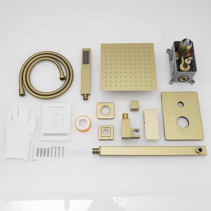 Brushed Gold Shower System Bathroom Luxury Rain Mixer Shower Combo Set Wall Mounted Rainfall Shower Head System Shower Faucet Rough-in Valve Body and Trim Included