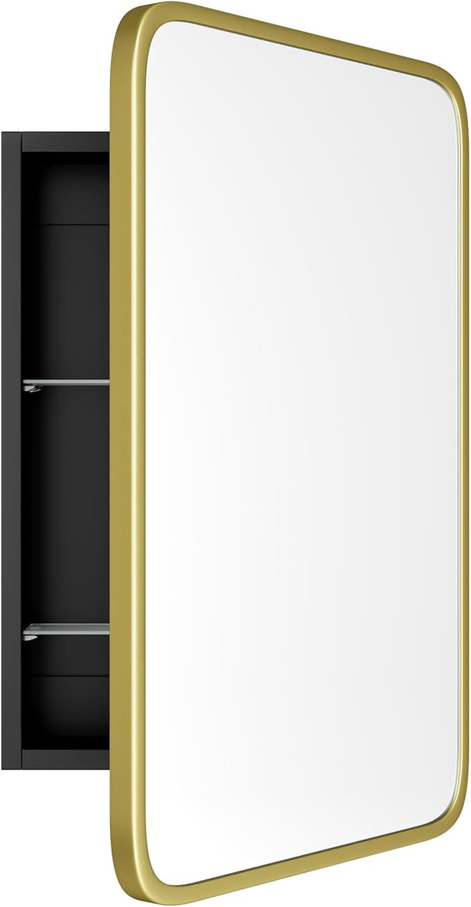 Vintage-Style Bathroom Wood Black Cabinet with 16.5''x24'' Brushed Gold Metal Frame Curved Mirror, Recessed Medicine Cabinet, Bathroom Storage Cabinet
