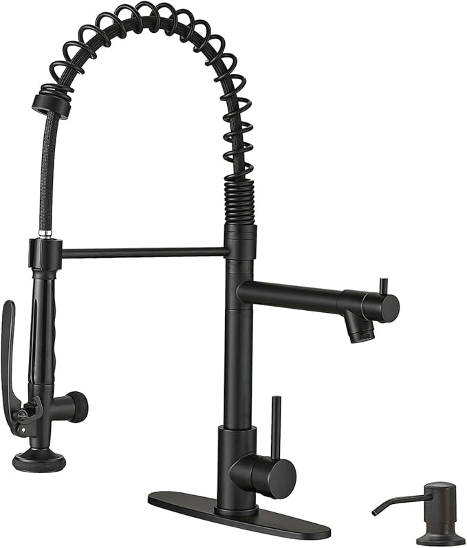 Fapully Commercial Pull Down Kitchen Sink Faucet with Sprayer Matte Black Single Handle Faucets for Kitchen Sink, Kitchen Faucet with Soap Dispenser and Deck Plack for 4 Hole