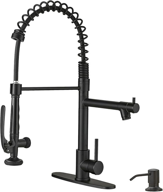 Fapully Commercial Pull Down Kitchen Sink Faucet with Sprayer Matte Black Single Handle Faucets for Kitchen Sink, Kitchen Faucet with Soap Dispenser and Deck Plack for 4 Hole