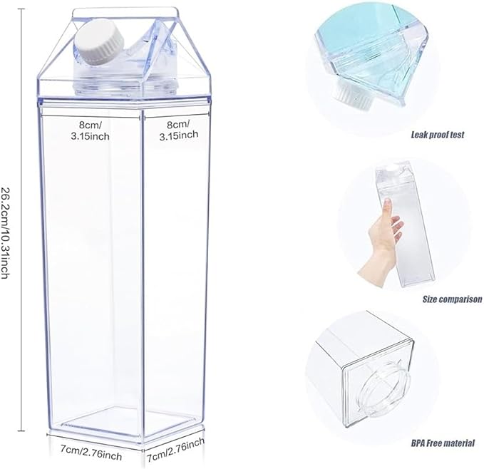 Milk Carton Water Bottles 34oz/1000ml Leak Proof Plastic Water Bottle Reusable BPA Free Sports Water Bottle Carton Shaped Juice Milk Bottle for Gym Camping Hiking Travel Sports, Dishwasher Safe