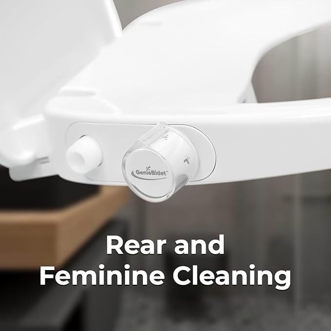 GenieBidet Bidet Toilet Seat Round - Bidet Toilet Seat with Adjustable Self-Cleaning Nozzles, Attachment, T Adapter & Bottle - Non Electric Bidet Seat