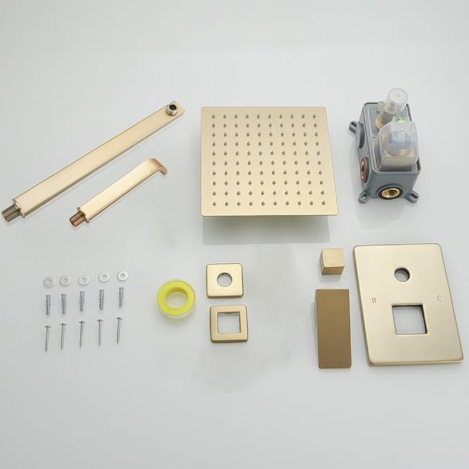 ‎Brushed Gold Shower Faucet Set with Tub Spout Bathroom Luxury Rain Mixer Shower Head System Wall Mounted Shower Faucet Complete, Single Handle Tub and Shower Trim Kit with Rough-in Valve