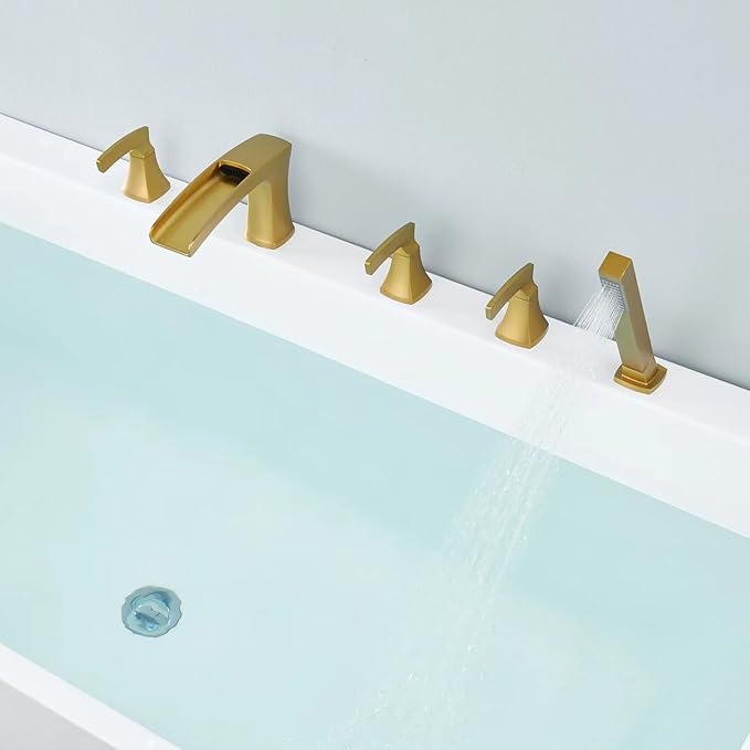 Roman Tub Faucet Waterfall Tub Filler Brushed Gold Deck Mount Bathtub Faucets 5 Hole Brass Bathroom Faucets with Hand Shower