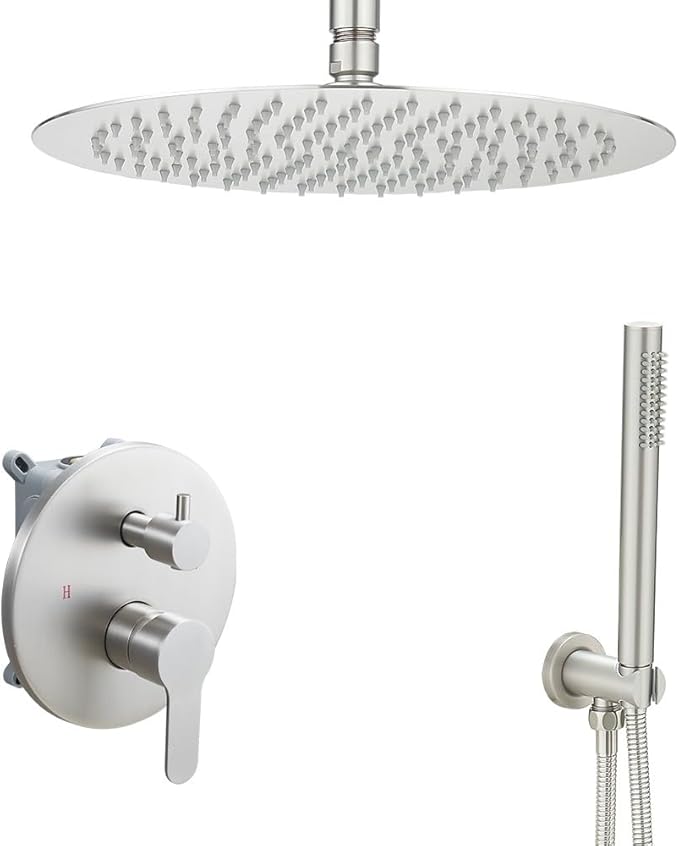 Brushed Nickel Ceiling Mount Round Rain Shower System with 12 Inch Shower Head and Handheld Bathroom Shower Set Contain Shower Faucet Trim Kit (Mixer Valve Included)