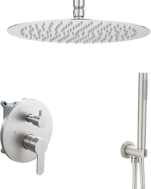 Brushed Nickel Ceiling Mount Round Rain Shower System with 12 Inch Shower Head and Handheld Bathroom Shower Set Contain Shower Faucet Trim Kit (Mixer Valve Included)