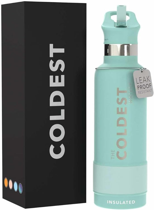Coldest Water Bottle with Standard Mouth Straw Lid Metal Thermos Vacuum Insulated Stainless Steel l Reusable Leak Proof Cupholder Flask (21 oz, Oceanic Green)