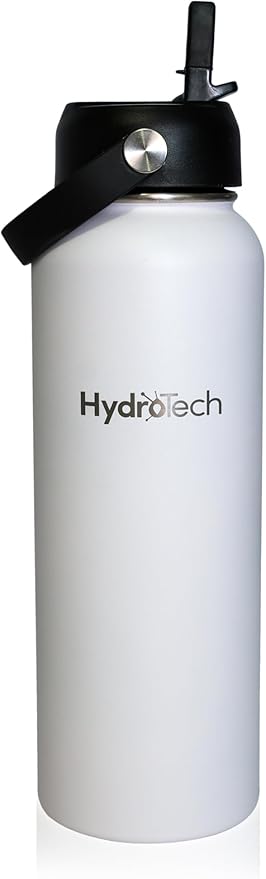 HydroTech Stainless Steel Leak Proof Water Bottle with Double Wall Insulation and 2 Lids (Straw Lid) - 40 OZ. (White)