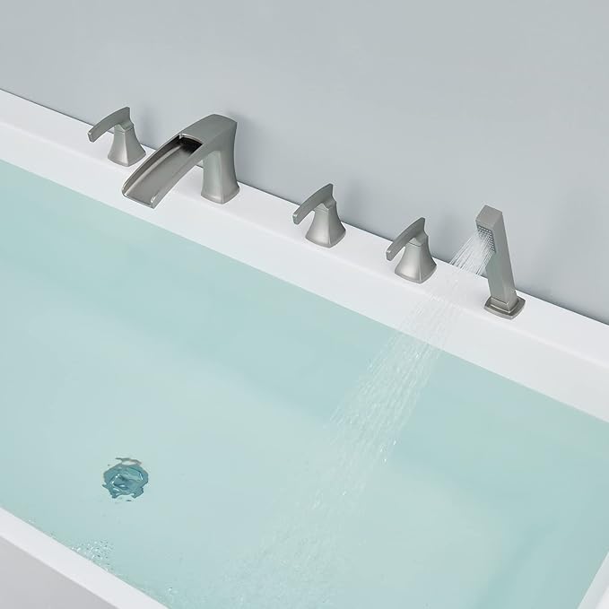 Roman Tub Faucet Waterfall Deck Mount Tub Filler Brushed Nickel Bathtub Faucets 5 Hole Brass Bathroom Faucets with Hand Shower