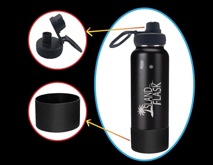 Island Flask- 40oz Double Wall Insulated Sports Water Bottle with one screw lid and one silicone boot.Keeps your drink COLD for up to 24 hours, and HOT for up to 12 hours.