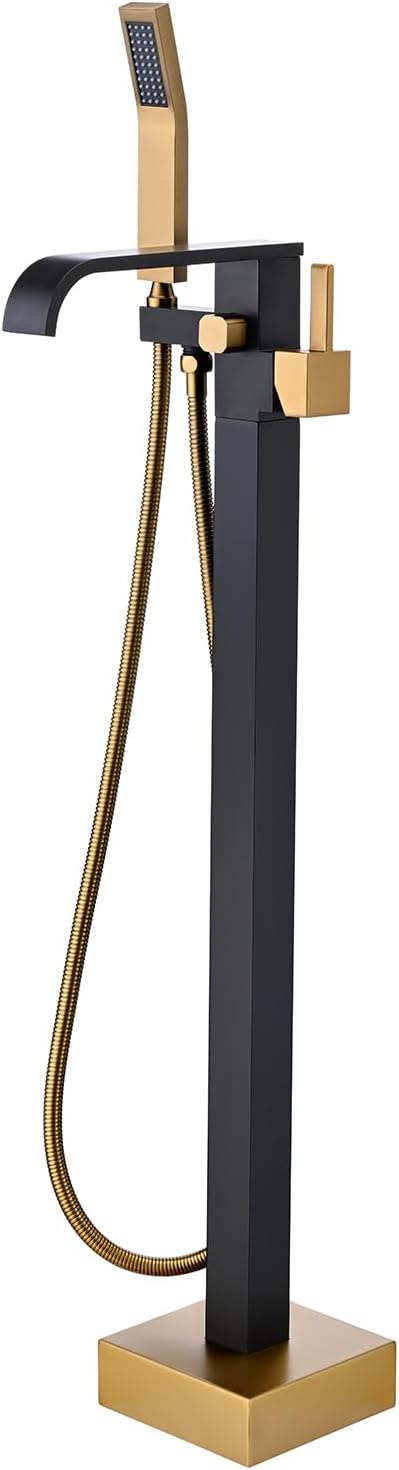 BAGNOLUX Solid Brass Floor Mount Bathtub Faucet Free Standing Tub Faucet Freestanding Tub Filler Black Gold High Flow Rate Swivel Spout with Hand Shower, ‎YGSLT-FANG-Black+Gold