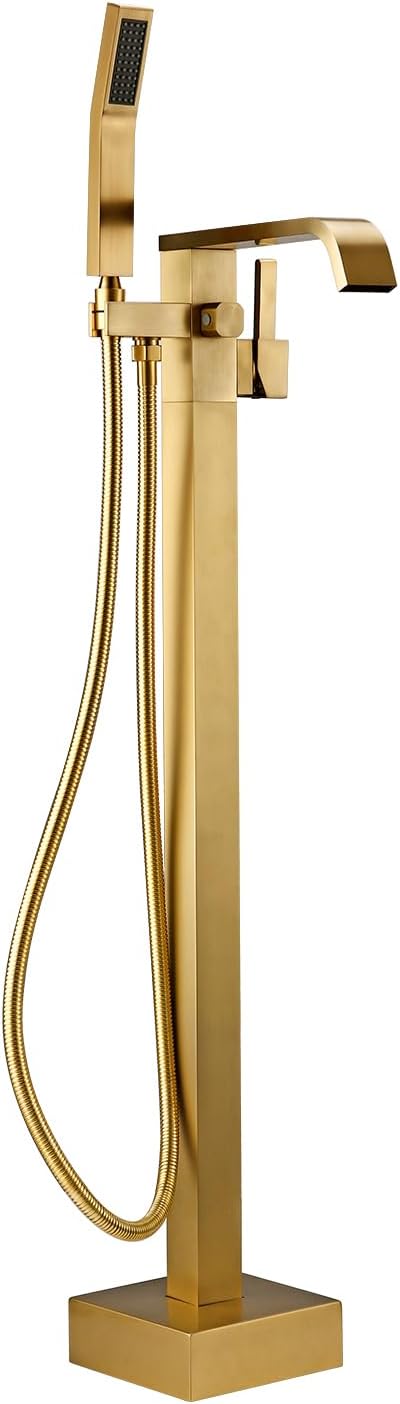 BAGNOLUX Solid Brass Floor Mount Bathtub Faucet Free Standing Tub Faucet Freestanding Tub Filler Brushed Brass High Flow Rate Swivel Spout with Hand Shower, ‎YGSLT-FANG-Brushed Brass11