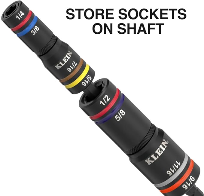 Klein Tools 653QS KNECT Quad Socket, 12 Sizes in 3 Sockets, 4-in-1 Color Coded SAE Impact Rated, Heavy-Duty, 1/4- and 3/8-Inch Drive, 3-1/2- and 6-1/2-Inch Shaft
