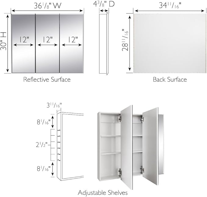 Design House Cyprus 36-in. Wide Medicine Cabinet, 3 Frameless Mirrored Doors, Pre-Assembled, Surface or Recess Mounted, White Clear, 36.3 in. W x 4.4 in. D x 30.1 in. H, 597500