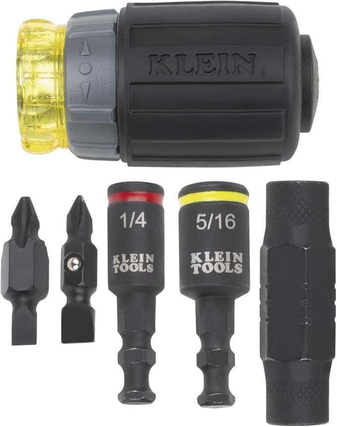 Klein Tools 32561HDRT KNECT 7-in-1 Ratcheting Screwdriver, Impact Rated, Stubby with Phillips, Slotted Bits, 3 Nut Drivers, Adapter, 7-Piece