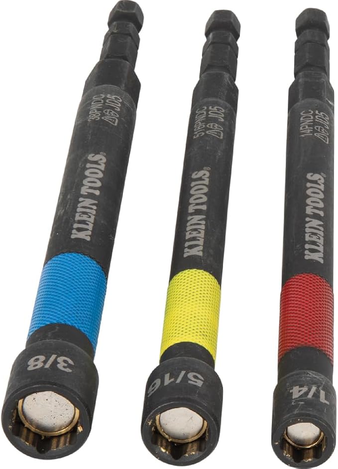 Klein Tools 65411PK3 Magnetic Color-Coded Power Nut Setter Set, 1/4-Inch Impact Hex Drive, 5-Inch Shaft, Extended Reach, 3-Piece