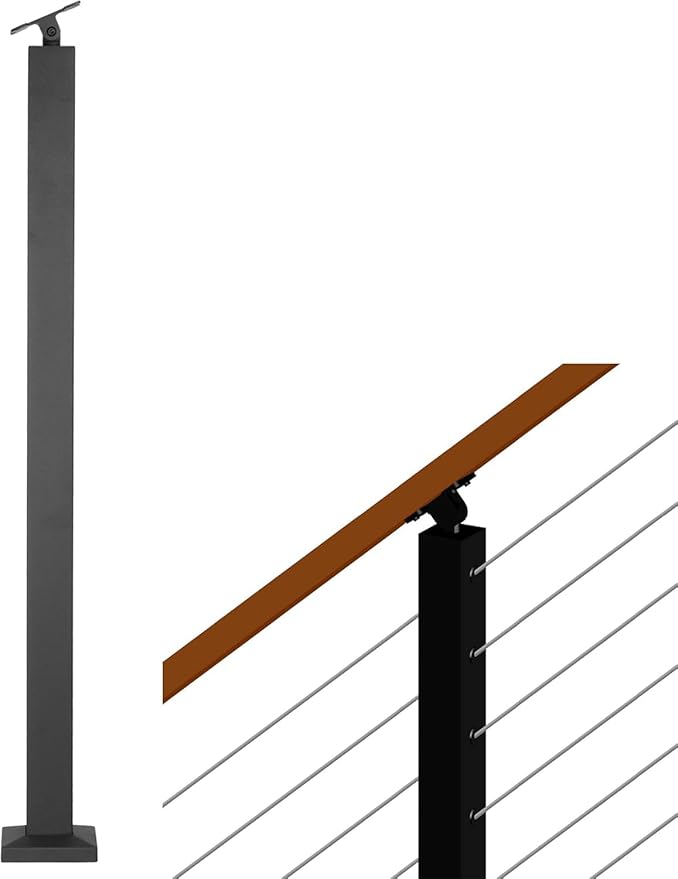 Cable Railing Post for Steps - Stainless Steel Square Fence Post for Deck Stair Cable Railing System,30°Angle Adjustable Top 36"x 2"x 2" Matte Black 10 Holes Pre-Drilled
