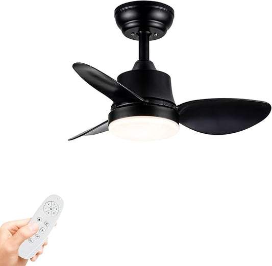 Black small Ceiling Fan with Light 24-Inch, Remote Control, 3-Color Dimmable, Reversible, 6-Speed - Ideal for Kitchen, Bedroom, Balcony, Study - Easy Installation