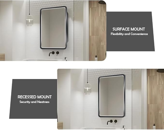 16×24inch Medicine Cabinet,Mirror Cabinet with Beveled Mirror,Soft Close Hinge,Brushed Metal Framed,Detachable Side Plate for Recess Mount or Surface Mount,Black