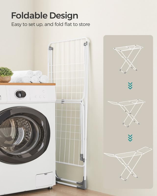 SONGMICS Clothes Drying Rack, Metal Laundry Drying Rack, Foldable, Space-Saving, Free-Standing Airer, with 2 Gullwings, Indoor Outdoor Use, Bed Linen Clothing, White ULLR540W01