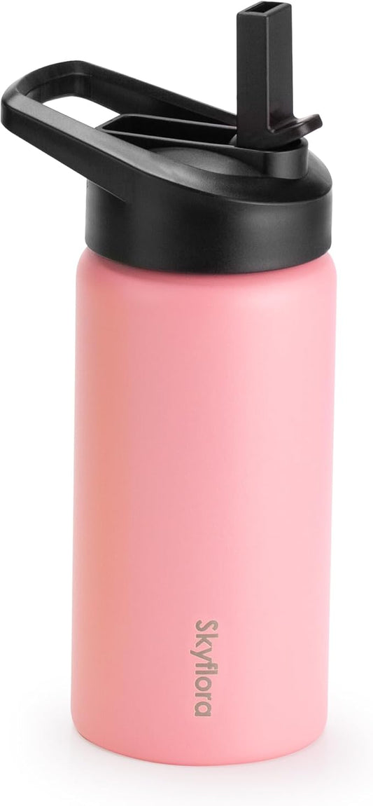 Kids Water Bottle with Straw, 16oz Cute Water Bottle, Single Wall 18/8 Stainless Steel, Dishwasher Safe & Leakproof, Reusable Gift for Girls Boys to School Sports Travel Camping, Pink