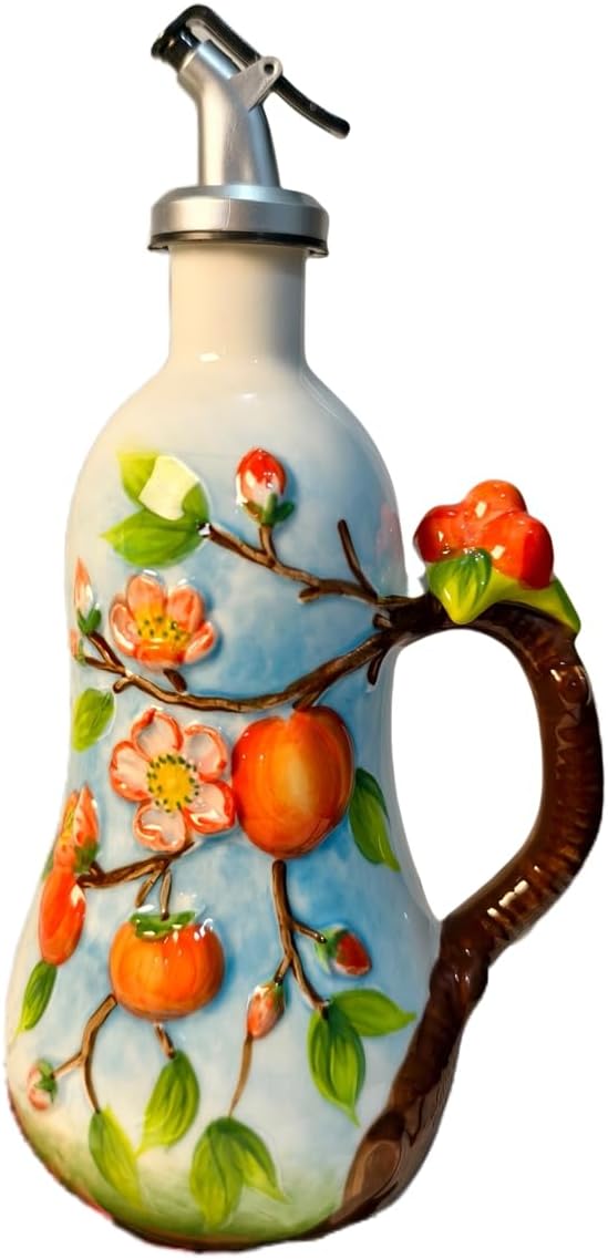 18 Oz Hand Painted Relief Ceramic Olive Oil Bottle Dispenser for Kitchen, Oil and Vinegar Bottle, Seasoning Bottle with Stainless Steel Nozzle, 540mL Oil Container with Handle for Cooking, Light Proof