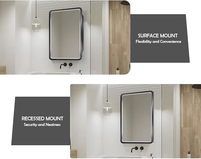 16×26inch Medicine Cabinet,Mirror Cabinet with Beveled Mirror,Solf Close Hinge,Brushed Metal Framed,Detachable Side Plate for Recess Mount or Surface Mount,Black
