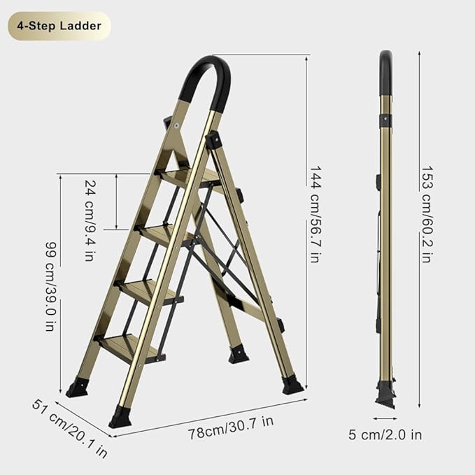 4 Step Ladder, Folding Aluminum Alloy Step Stool with Wide Anti-Slip Pedal for Adults, Champagne Gold 4 Tiers Stool with 330lbs Load Capacity for Home Kitchen Closet Garage Office