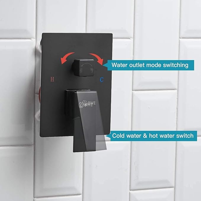 BWE Black Shower Faucet 16 Inch Square Luxury Rain Mixer Shower System Sets Complete 2-Functions Pressure Balancing Wall Mount Rainfall Rough-in Valve Body and Trim Included