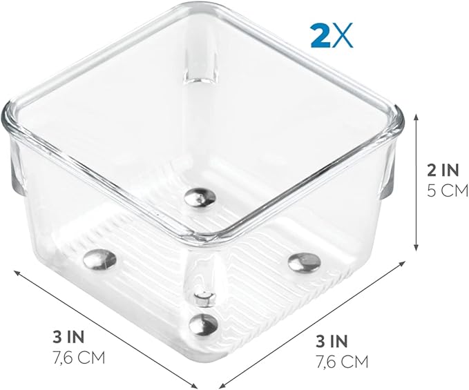 iDesign Linus Plastic Drawer Organizer, Storage Container for Vanity, Bathroom, Kitchen Drawers, 3" x 3" x 2", Set of 2, Clear