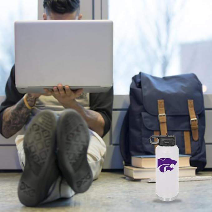 Kansas State University 32oz Stainless Steel Double Walled White Beverage Bottle with Flip Straw Spout - College Gear for Playoff Season – For Office, Home or Auto – Show your Wildcat Pride