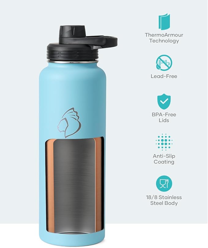 BUZIO Water Bottle with Straw lid, Spout Lid, Hand Lid and Carrying Pouch, 32oz 40oz 64oz Stainless Steel Water Flask Jug, Cold for 48 Hrs Hot for 24 Hrs Double Vacuum Thermo Canteen Mug, BPA-Free