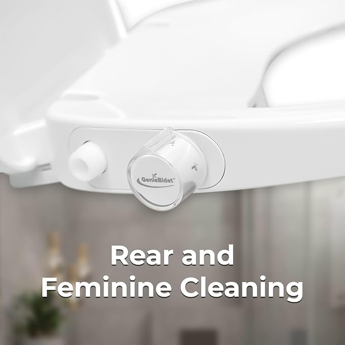 GenieBidet Bidet Toilet Seat Elongated - Dual Nozzles with T adapter & Bottle - Adjustable Water Pressure & Slow Close Bidet Seat Elongated with No Wiring & Easy Installation