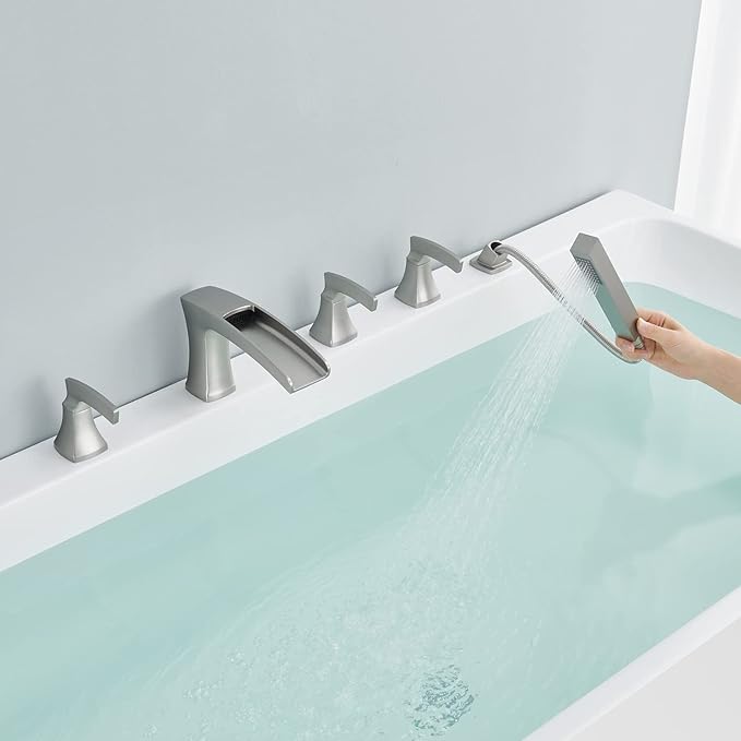 Roman Tub Faucet Waterfall Deck Mount Tub Filler Brushed Nickel Bathtub Faucets 5 Hole Brass Bathroom Faucets with Hand Shower