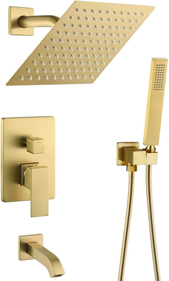 POP SANITARYWARE Brushed Gold Shower System Bathroom Shower Faucet Set with Tub Spout Wall Mounted 8 Inch Shower Head and Handle Set with Handheld 3 Function Tub and Shower Trim Kit with Valve